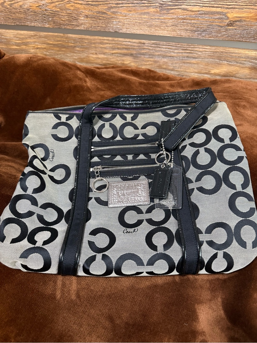 Coach Black and Cream Signature C Tote with Front Zips